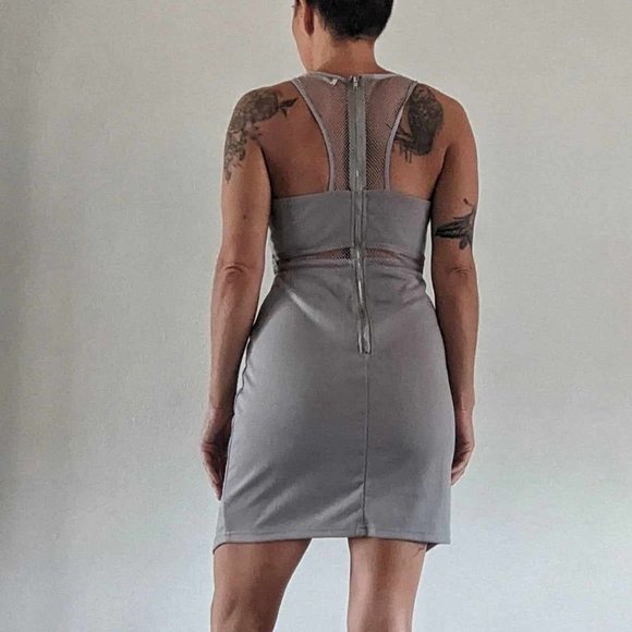 Grey mini dress with mesh and asymmetrical hem. S - Picture 3 of 9